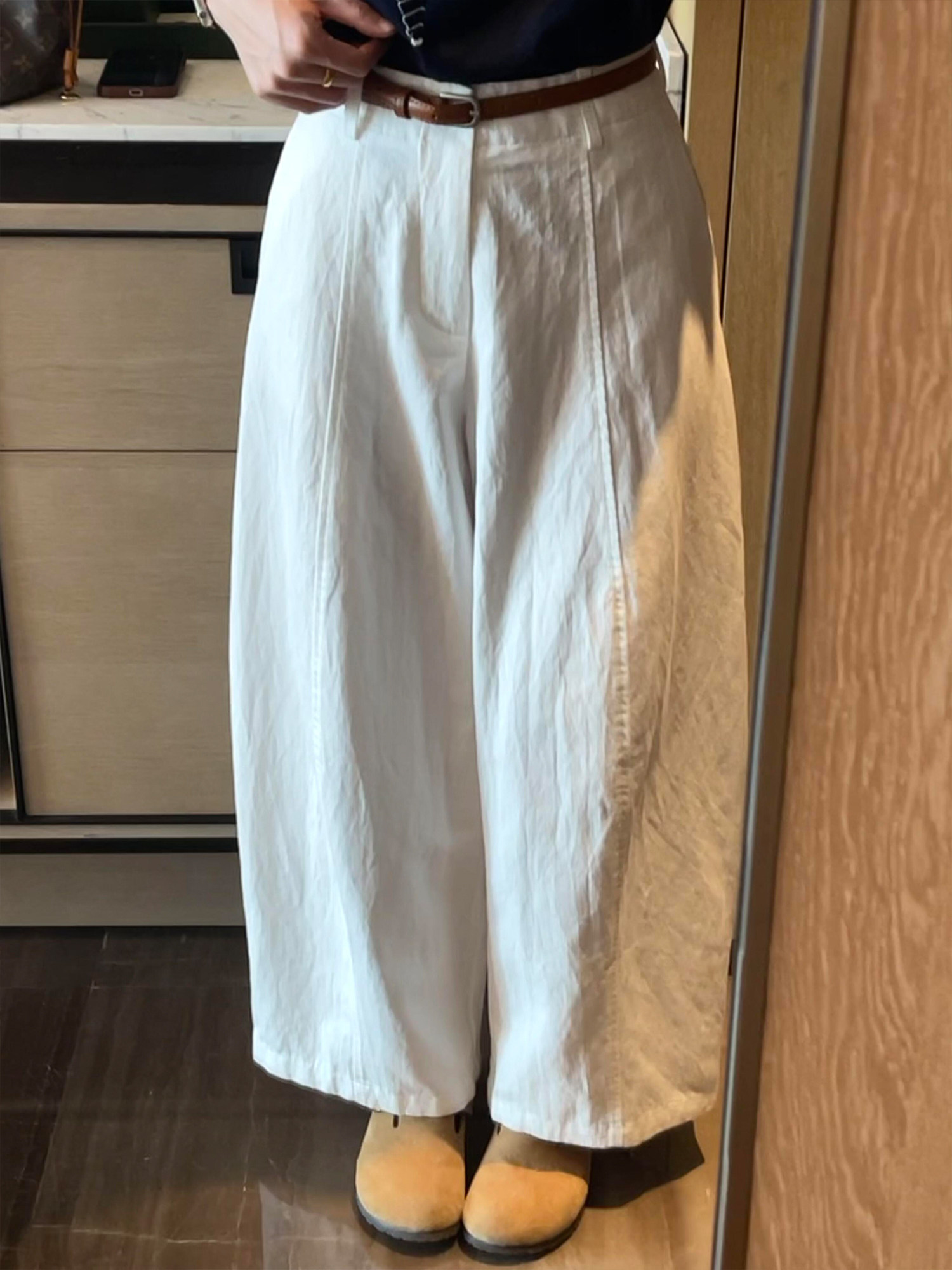原物推薦！韓系白色天絲闊腿褲女春夏顯瘦帶腰帶百搭肌理感休閑褲