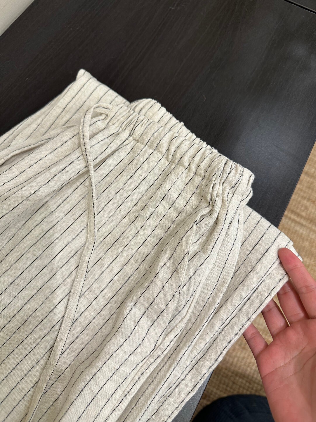 松弛感夏季亞麻褲條紋韓系休閑褲松緊腰棉麻褲運動長褲