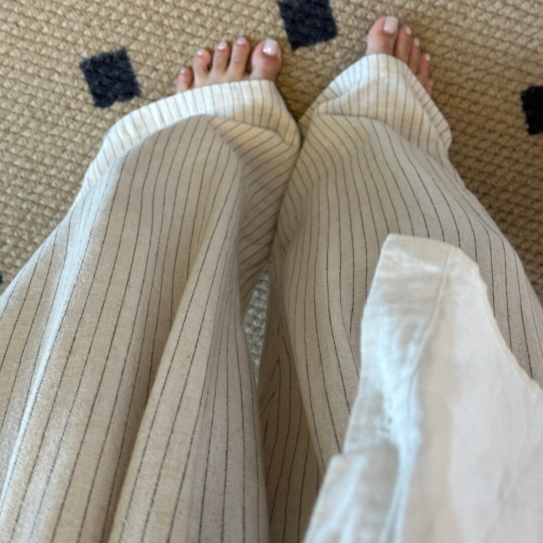 松弛感夏季亞麻褲條紋韓系休閑褲松緊腰棉麻褲運動長褲