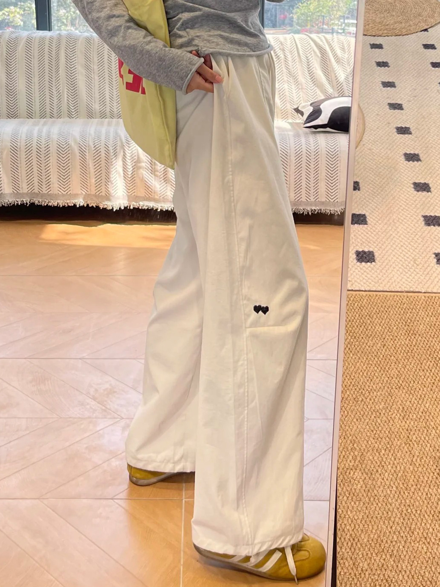 白色工裝褲女款小個子直筒休閑褲子大碼胖mm顯瘦闊腿褲梨形報恩褲