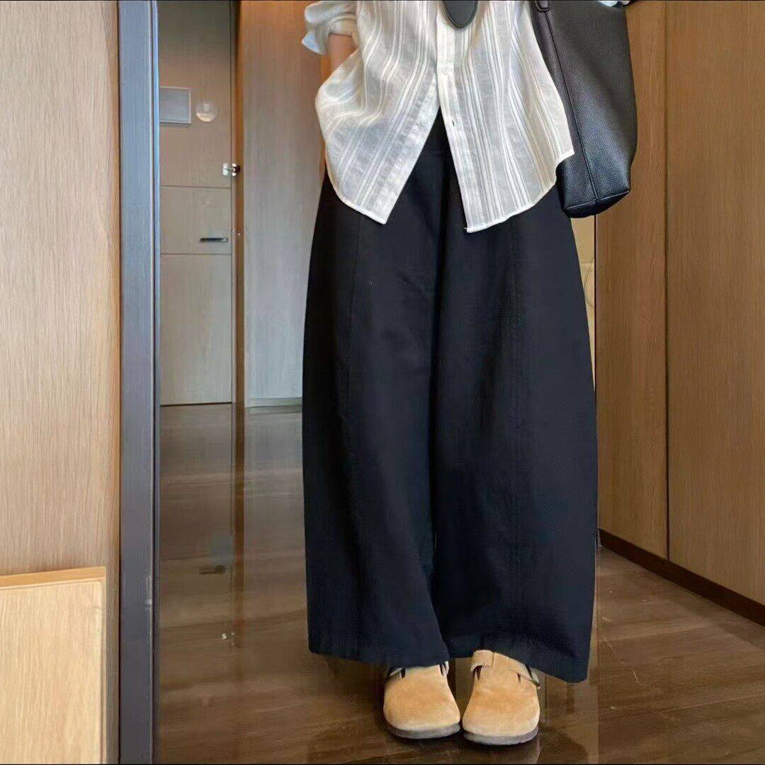 帶腰帶休閑褲 韓系慵懶風闊腿褲女春夏顯瘦通勤百搭肌理感