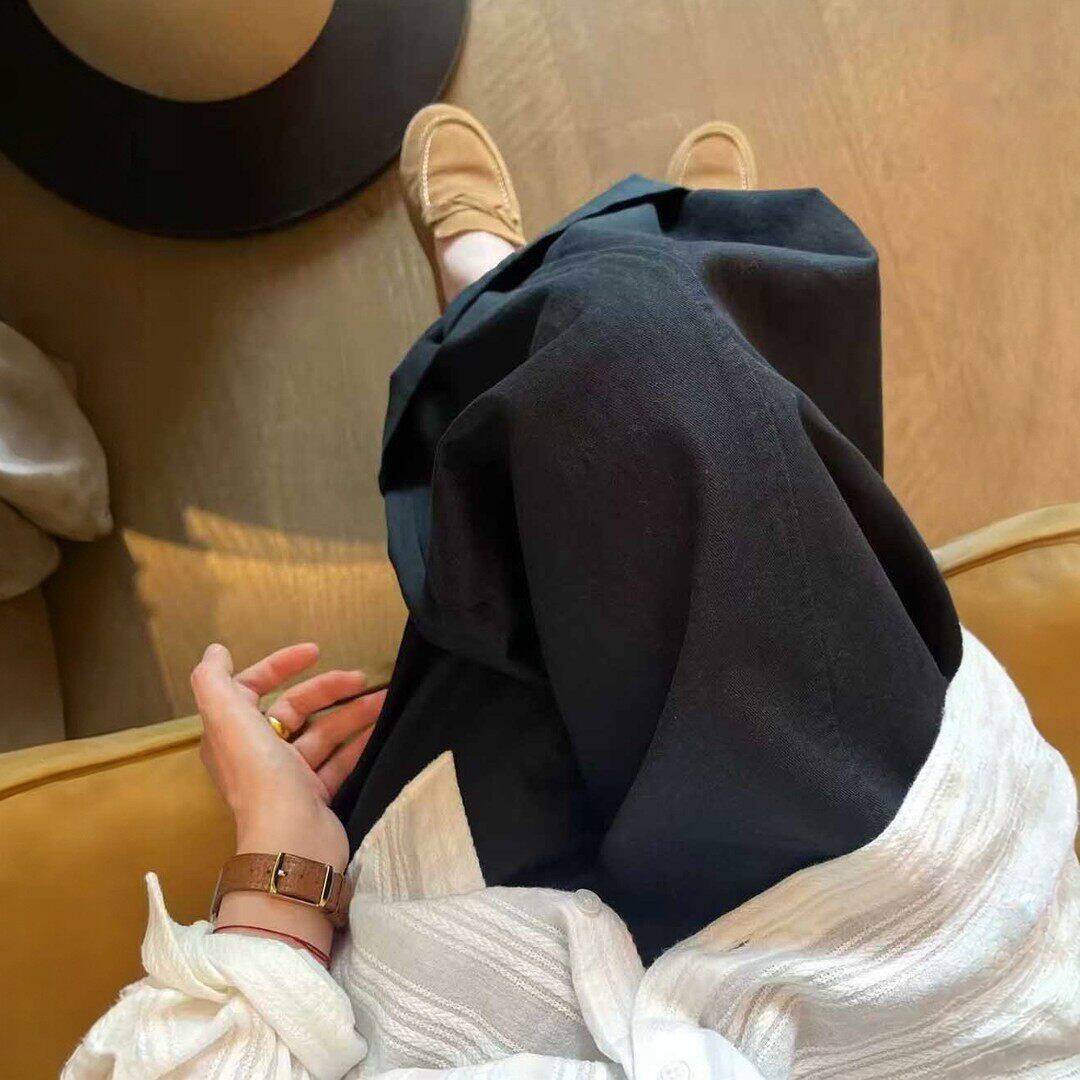 帶腰帶休閑褲 韓系慵懶風闊腿褲女春夏顯瘦通勤百搭肌理感