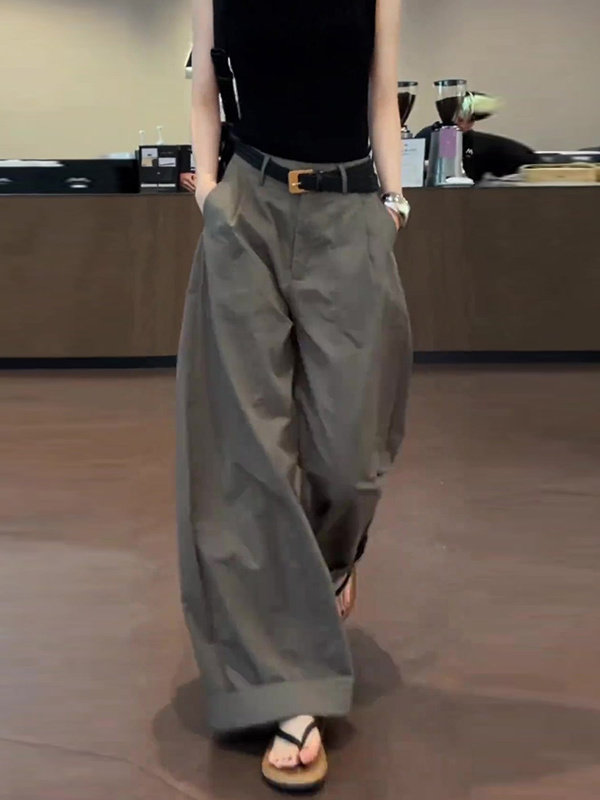 美式復古灰色闊腿褲女夏季2026新款立體裁剪薄款寬松彎刀休閑褲子