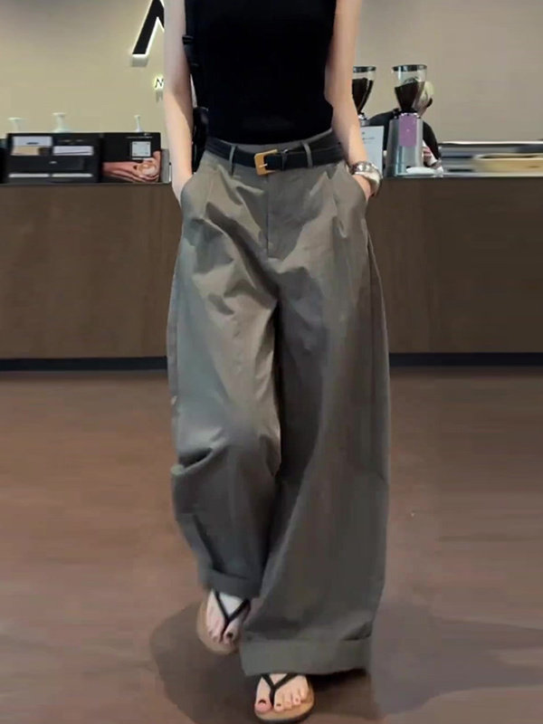 美式復古灰色闊腿褲女夏季2026新款立體裁剪薄款寬松彎刀休閑褲子