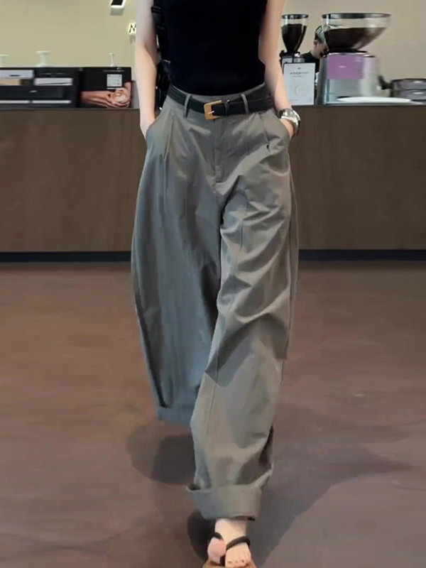 美式復古灰色闊腿褲女夏季2026新款立體裁剪薄款寬松彎刀休閑褲子