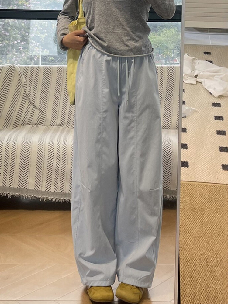 藍色愛心刺繡工裝褲子女夏薄款大碼速干束腳闊腿褲今年流行梧桐褲