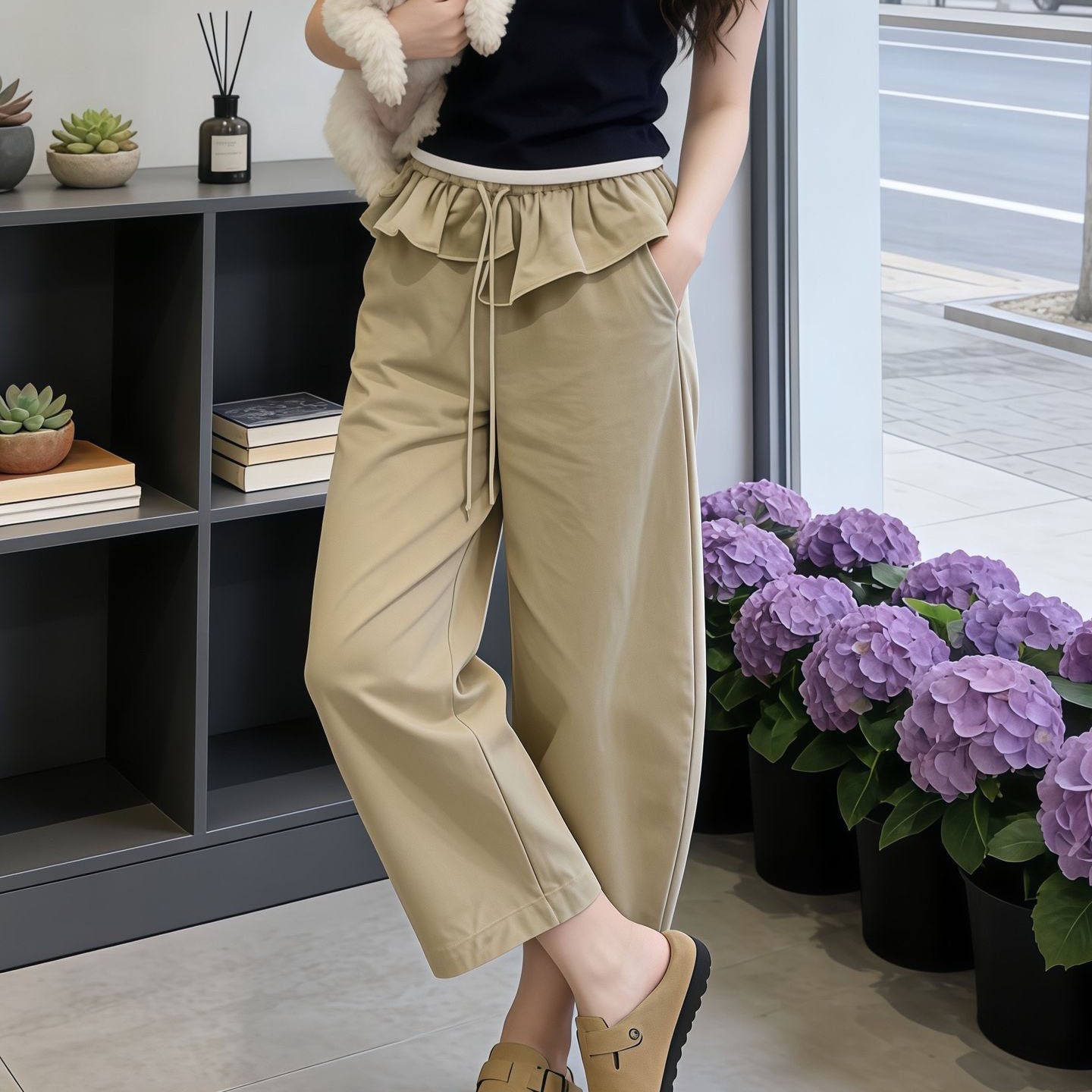 卡其色荷葉腰頭八分彎刀闊腿褲女2026春夏流行新款高腰顯瘦休閑褲