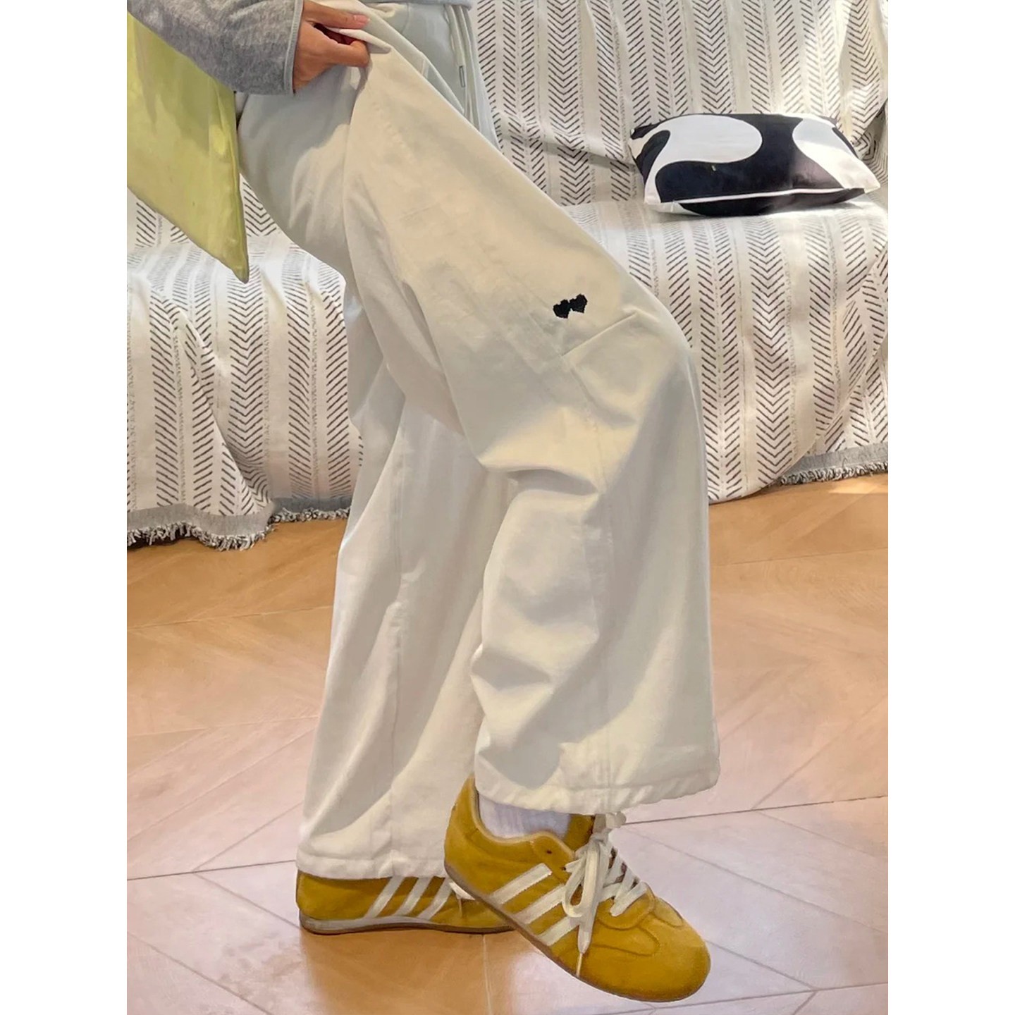 白色工裝褲女款小個子直筒休閑褲子大碼胖mm顯瘦闊腿褲梨形報恩褲