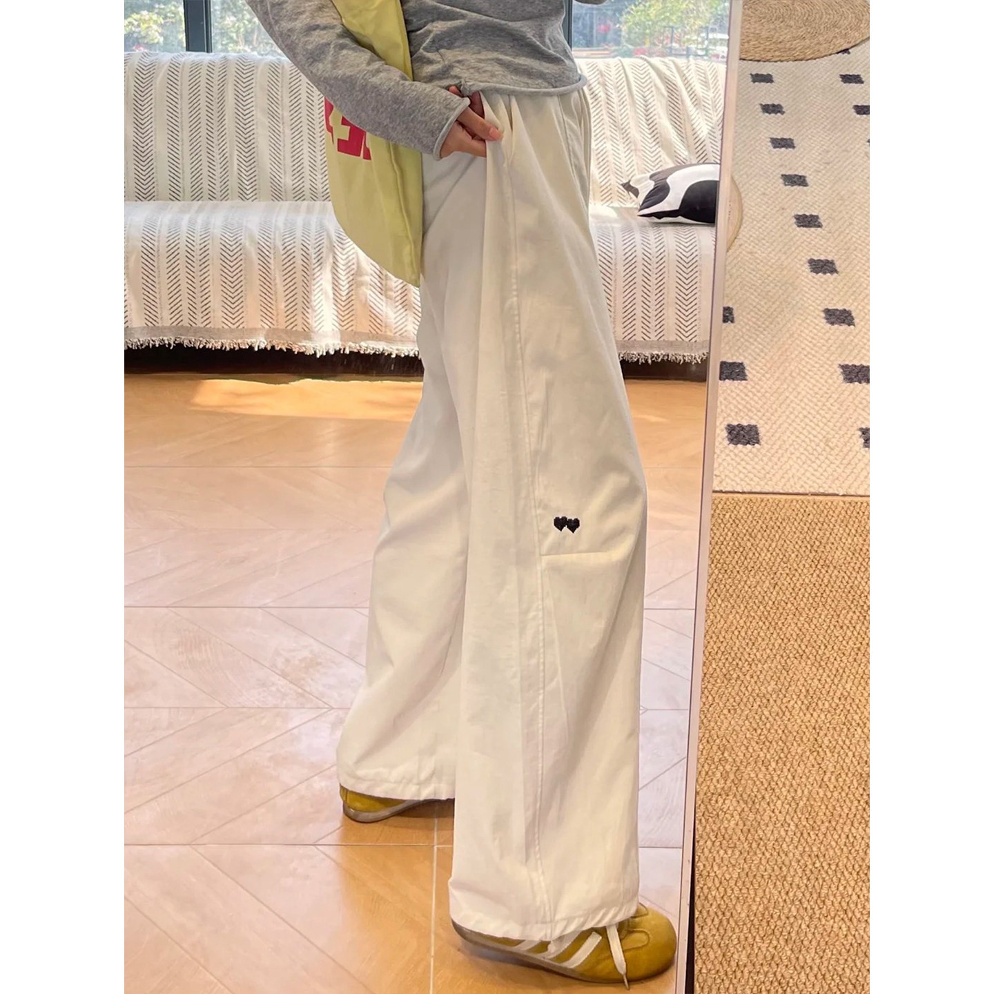 白色工裝褲女款小個子直筒休閑褲子大碼胖mm顯瘦闊腿褲梨形報恩褲
