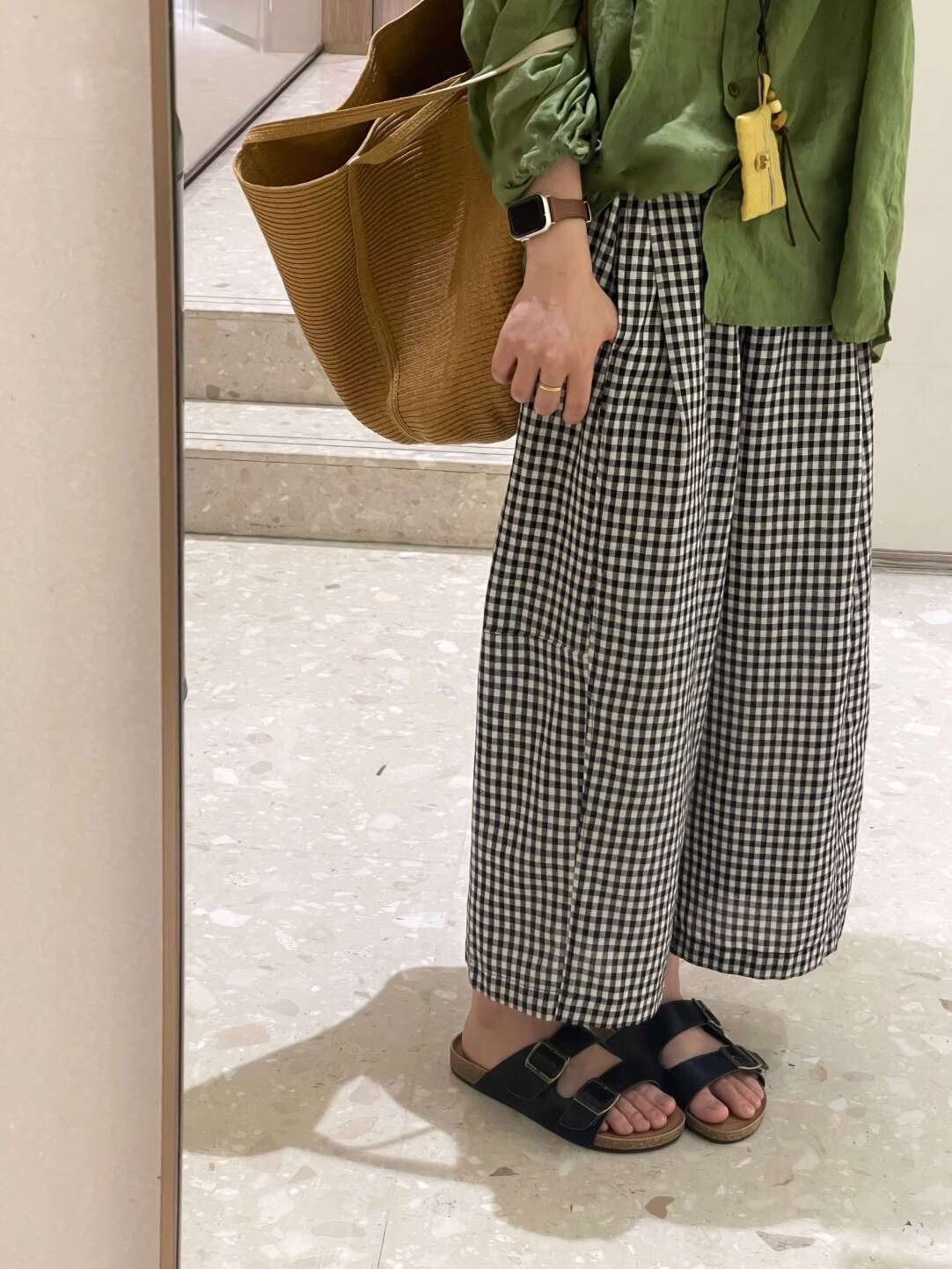 格紋闊腿褲棉麻女黑白格子寬松顯瘦休閑褲通勤韓系 · 黑白格