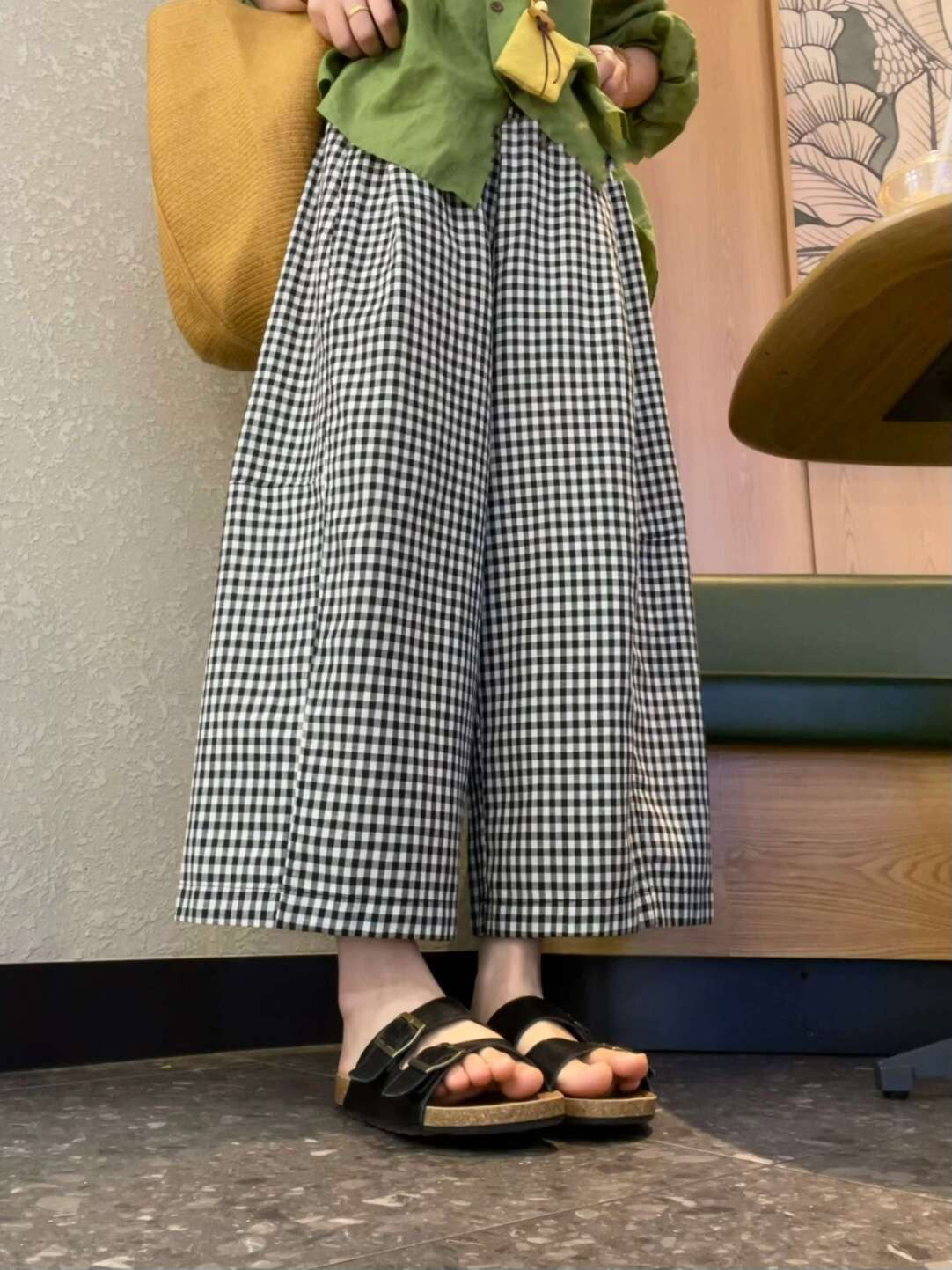 格紋闊腿褲棉麻女黑白格子寬松顯瘦休閑褲通勤韓系 · 黑白格