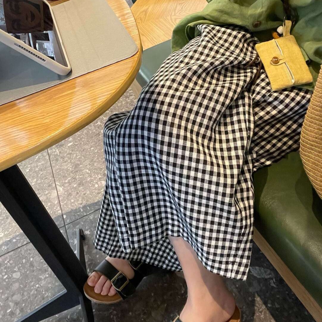 格紋闊腿褲棉麻女黑白格子寬松顯瘦休閑褲通勤韓系 · 黑白格