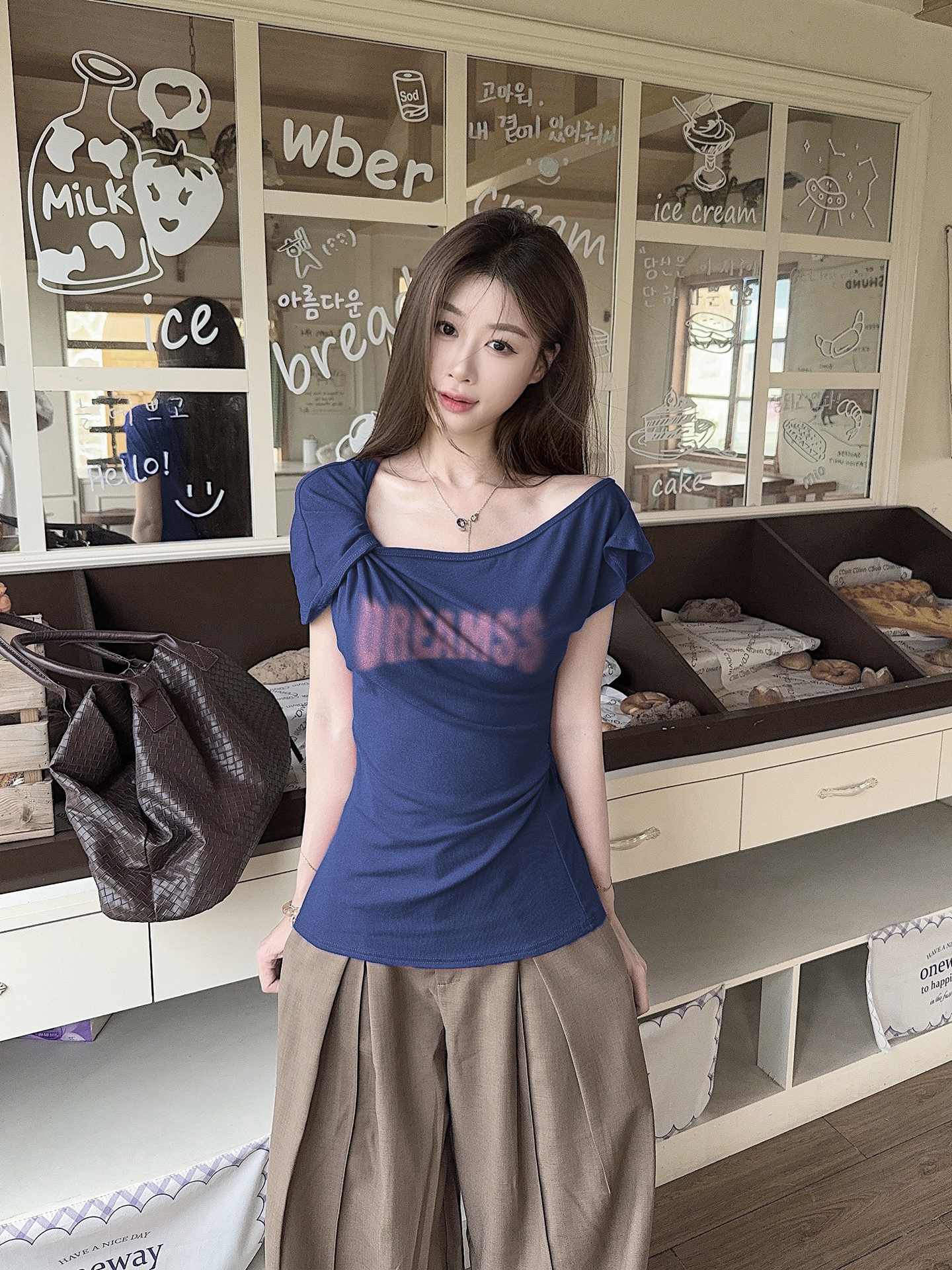 FA32894# 设计感小众短袖掐腰显瘦T恤衫上衣 服裝批發女裝批發服飾貨源
