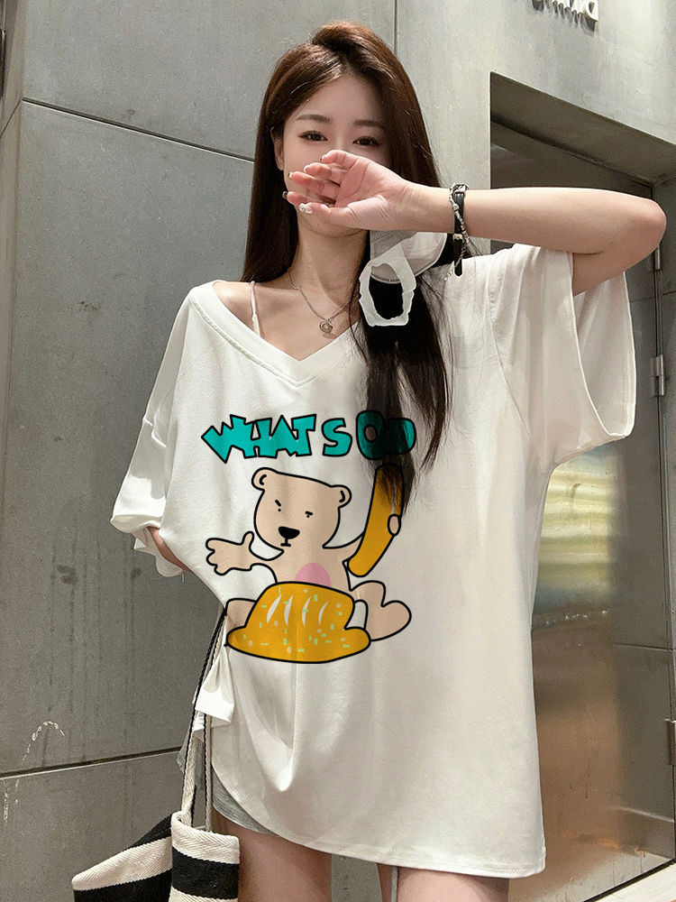 FA32888# 原创V领印花短袖T恤oversize落肩袖 服裝批發女裝批發服飾貨源