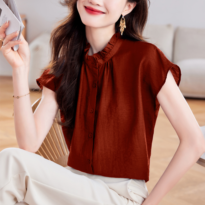 2026新款/女裝棉麻荷葉邊襯衫/夏裝短袖襯衣上衣女
