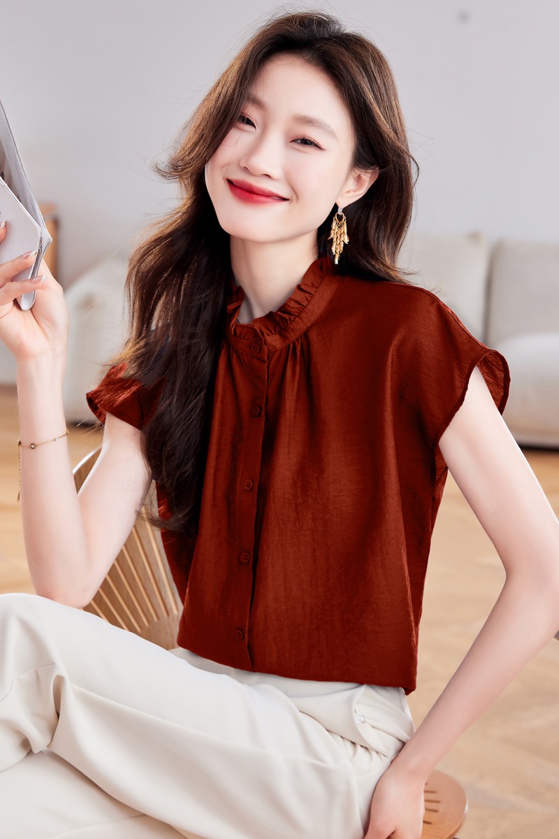 2026新款/女裝棉麻荷葉邊襯衫/夏裝短袖襯衣上衣女