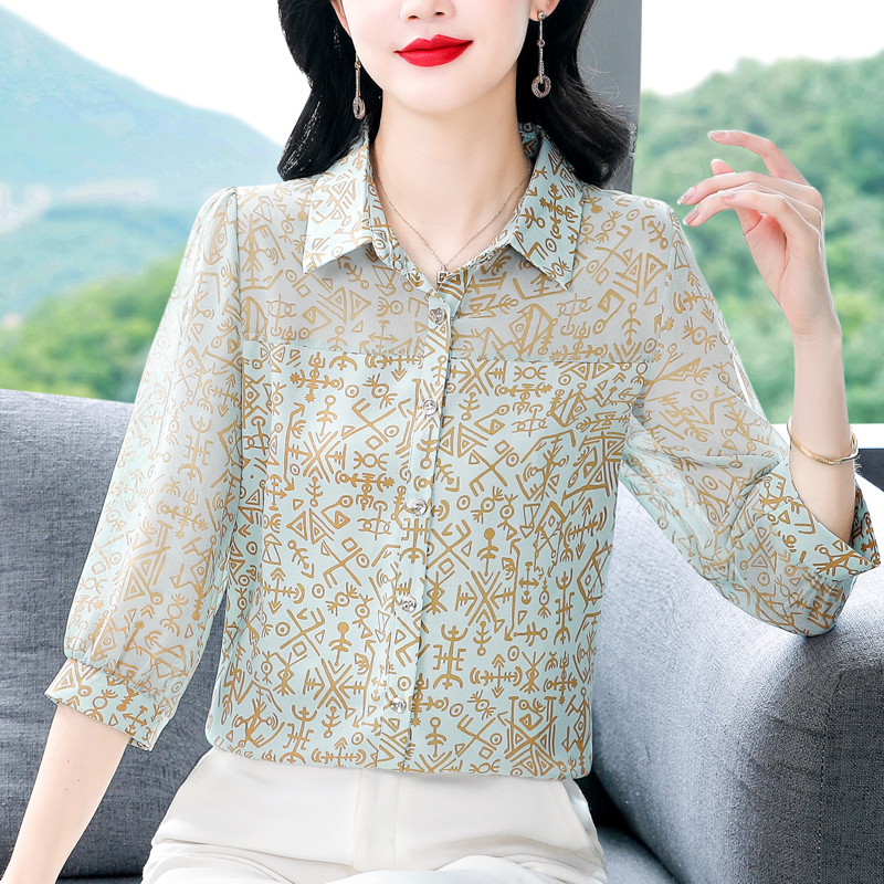 實拍 2026夏季新款減齡七分袖印花襯衫氣質大碼洋氣女小衫