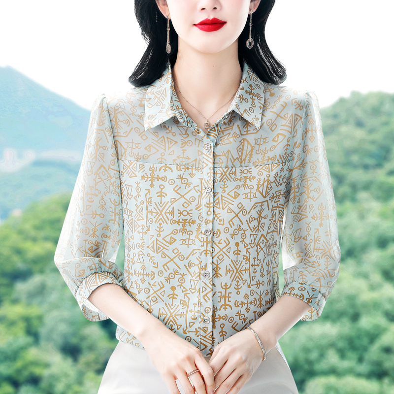 實拍 2026夏季新款減齡七分袖印花襯衫氣質大碼洋氣女小衫