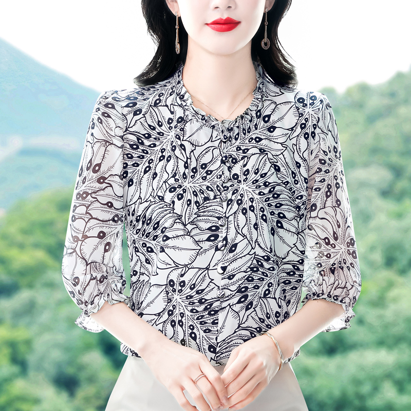 實拍 2026夏季新款減齡七分袖印花襯衫氣質大碼洋氣女小衫