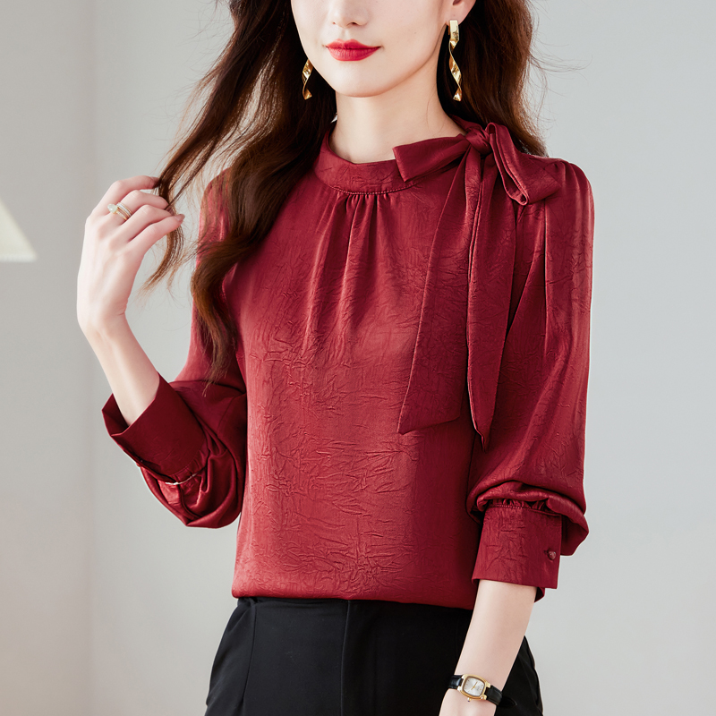 MY15954# 宫廷风衬衣醋酸锻气质长袖衬衫女上衣初秋女装2026新款韩系穿搭女裝貨源服裝批發
