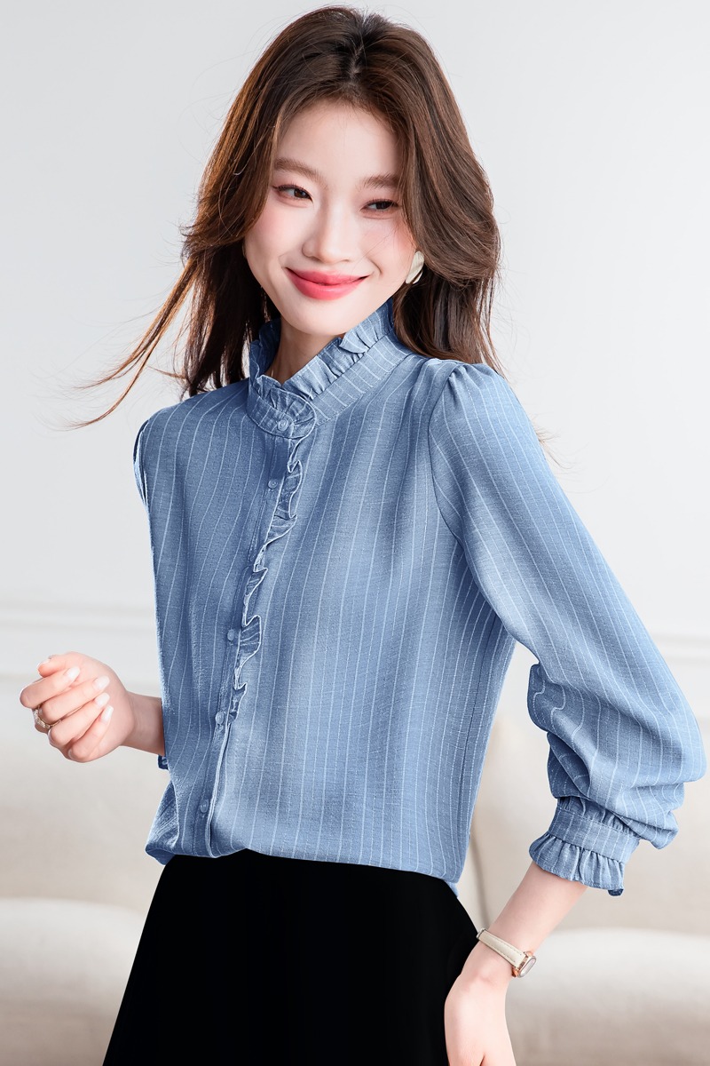 女裝春款2026新款法式立領寬松襯衣木耳邊仿麻琺瑯條紋長袖上衣