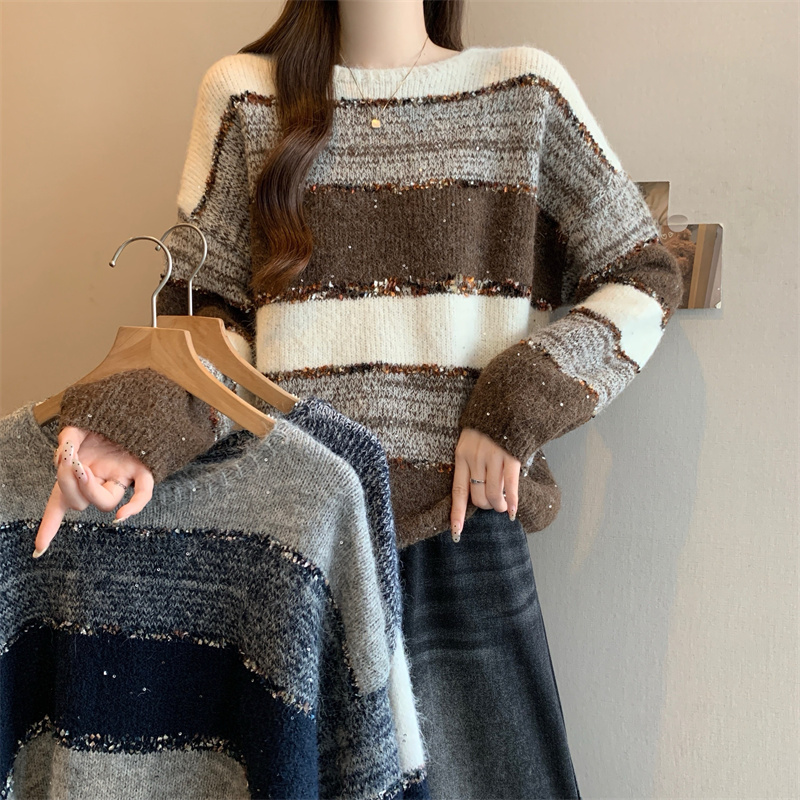MY15127# 条纹拼色针织衫新款韩系穿搭上衣秋季休闲宽松毛衣女裝貨源服裝批發