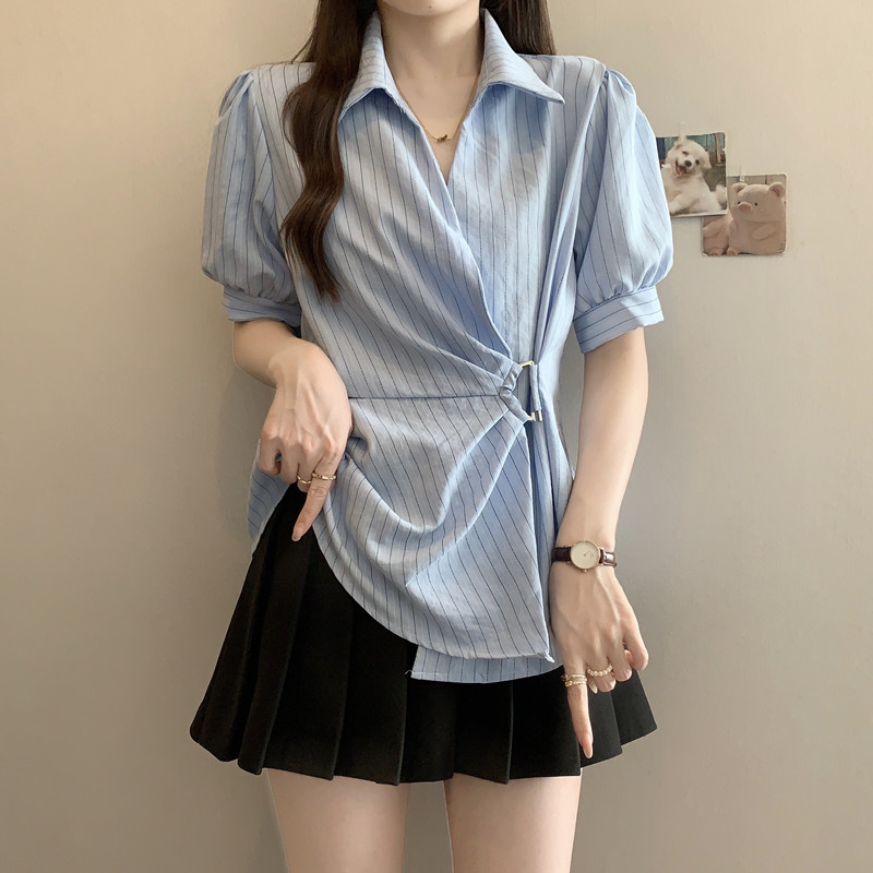 MY7401# 大码微胖泡泡袖条纹衬衫女装夏季不规则收腰衬衣胖MM遮肉显瘦上衣女裝貨源服裝批發