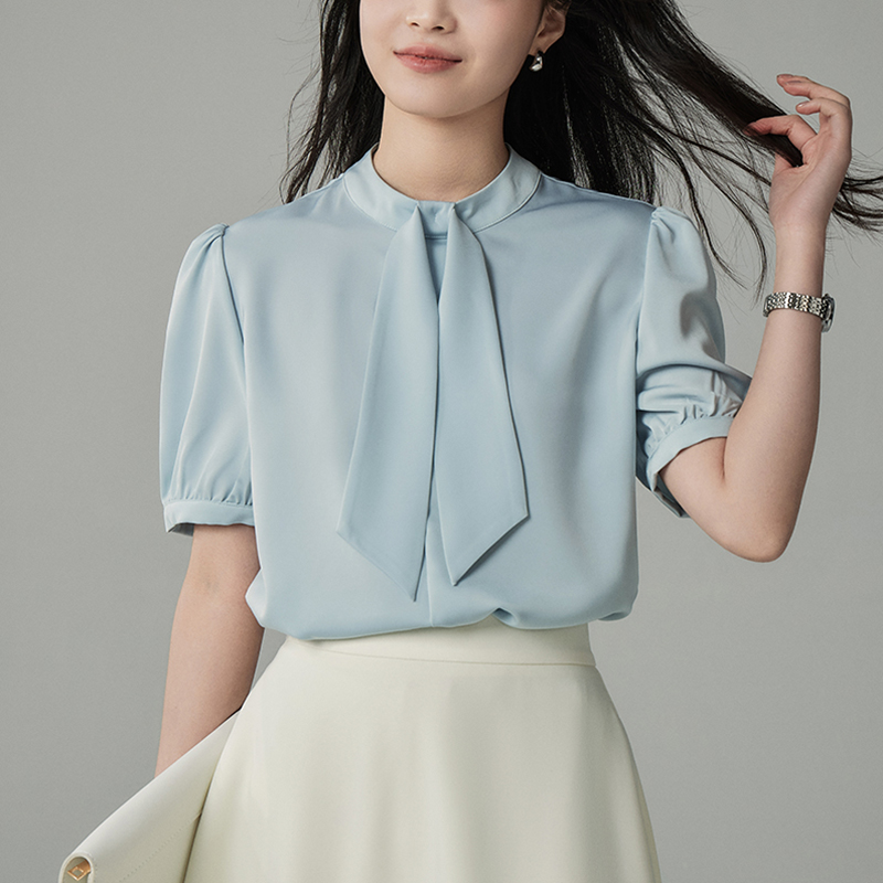 網圖白色緞面短袖襯衫女設計感小眾輕熟港風飄帶通勤職業襯衣