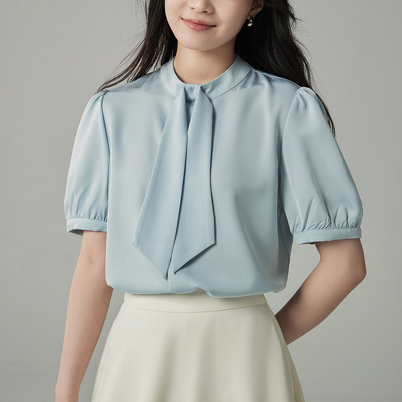 網圖白色緞面短袖襯衫女設計感小眾輕熟港風飄帶通勤職業襯衣