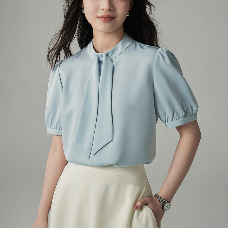 網圖白色緞面短袖襯衫女設計感小眾輕熟港風飄帶通勤職業襯衣