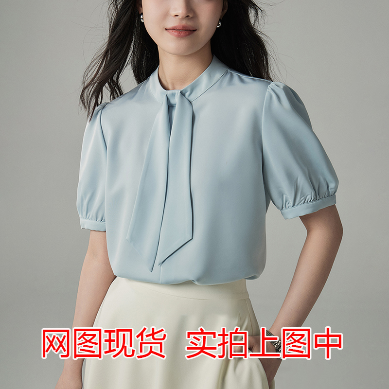 網圖白色緞面短袖襯衫女設計感小眾輕熟港風飄帶通勤職業襯衣