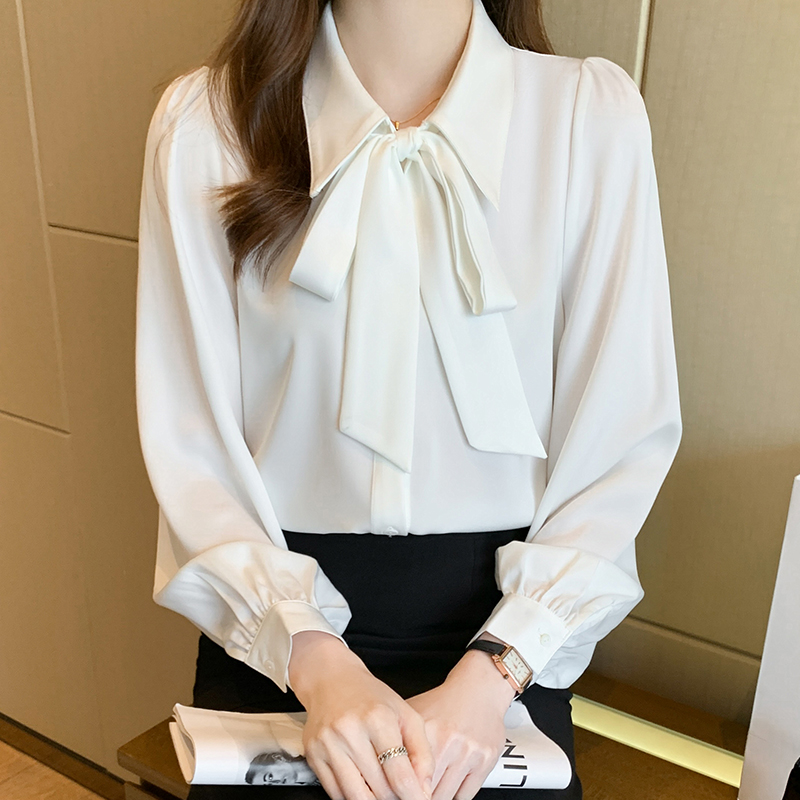 2026春秋白色長袖雪紡衫女小個子垂感韓系飄帶上衣溫柔風襯衫
