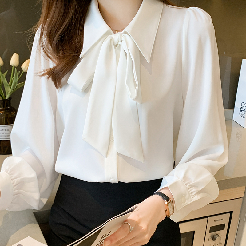 2026春秋白色長袖雪紡衫女小個子垂感韓系飄帶上衣溫柔風襯衫