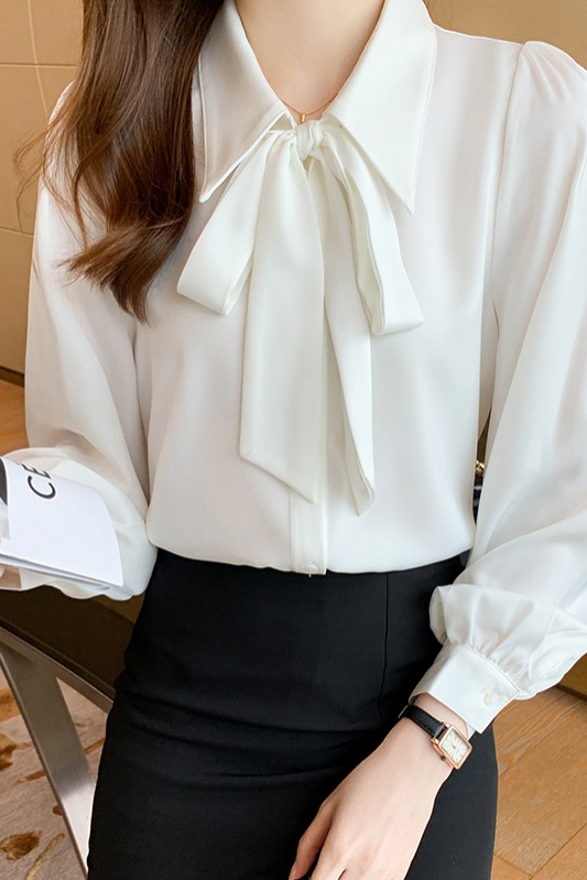 2026春秋白色長袖雪紡衫女小個子垂感韓系飄帶上衣溫柔風襯衫