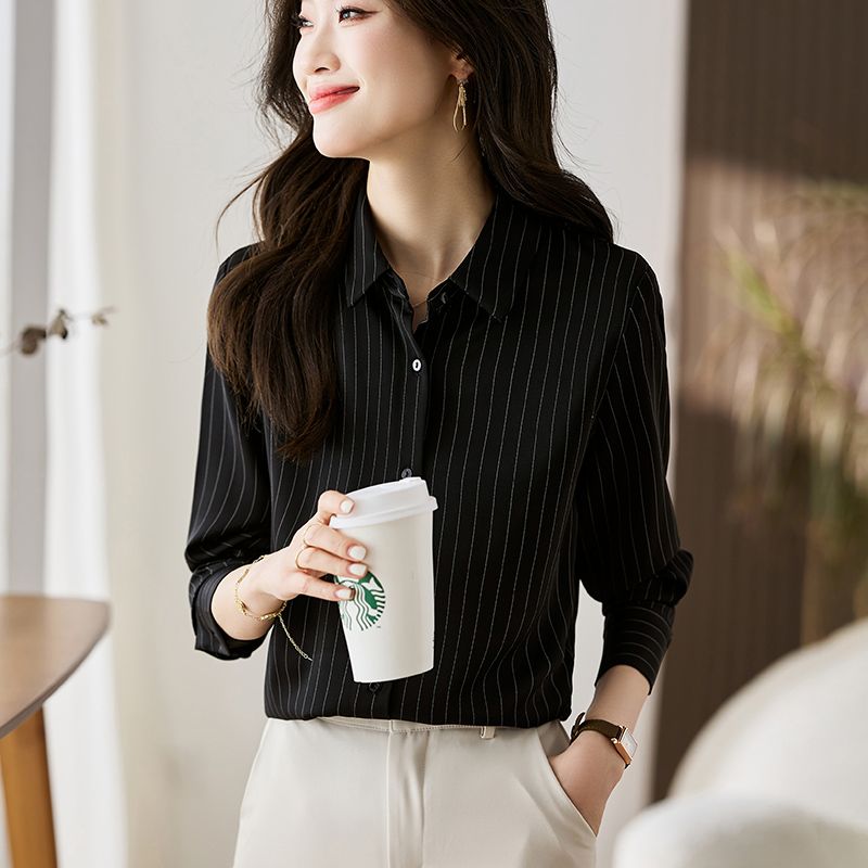 MY17073# 通勤职业白色条纹衬衫时髦洋气面试长袖衬衣垂感上衣女裝貨源服裝批發