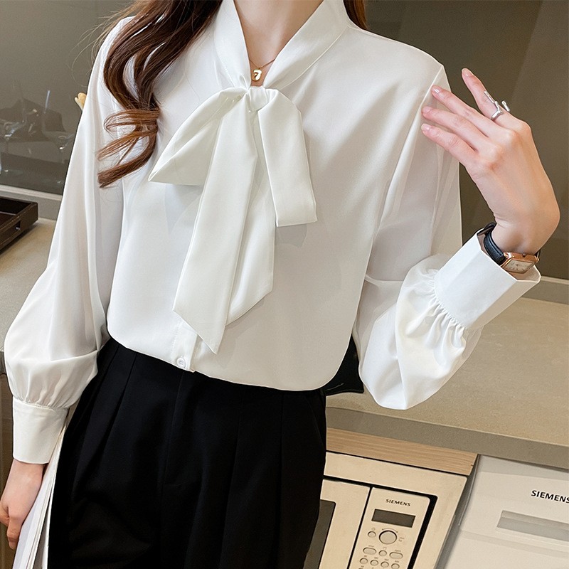 白色襯衫女職業內搭小眾飄帶襯衣上衣面試法式蝴蝶結設計感雪紡衫
