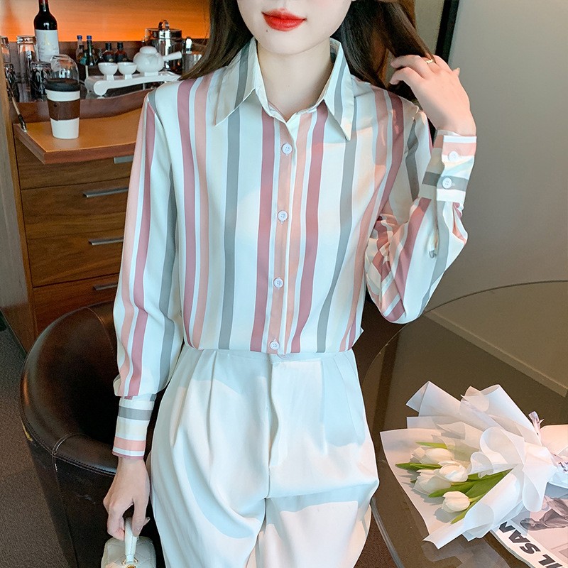 實拍 條紋襯衫上衣女長袖2026春秋設計感小眾復古緞面襯衣女顯瘦