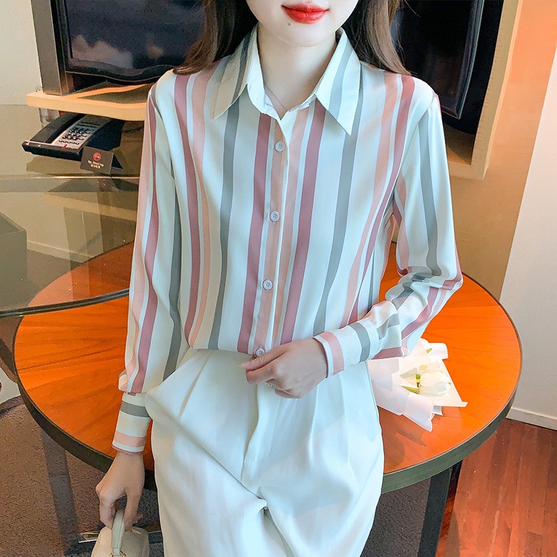 實拍 條紋襯衫上衣女長袖2026春秋設計感小眾復古緞面襯衣女顯瘦