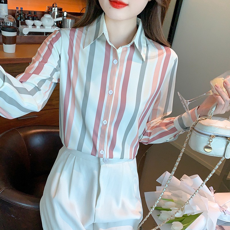 實拍 條紋襯衫上衣女長袖2026春秋設計感小眾復古緞面襯衣女顯瘦