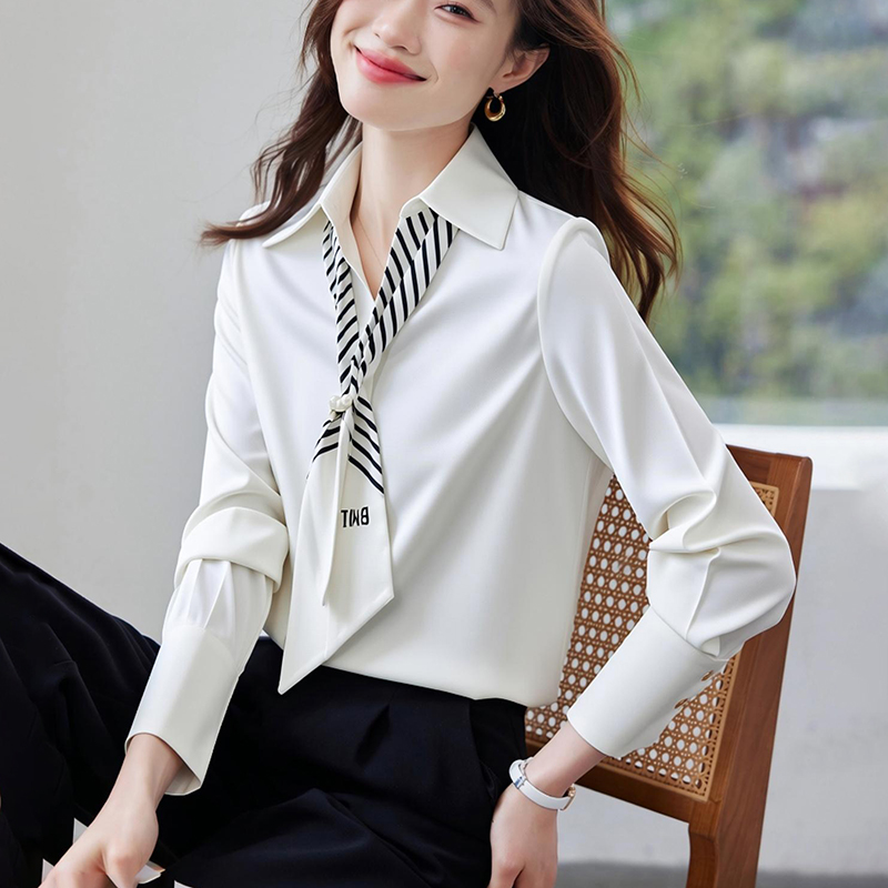 法式飄帶長袖襯衫廳里廳氣衣服女2026春季新款緞面職業通勤上衣