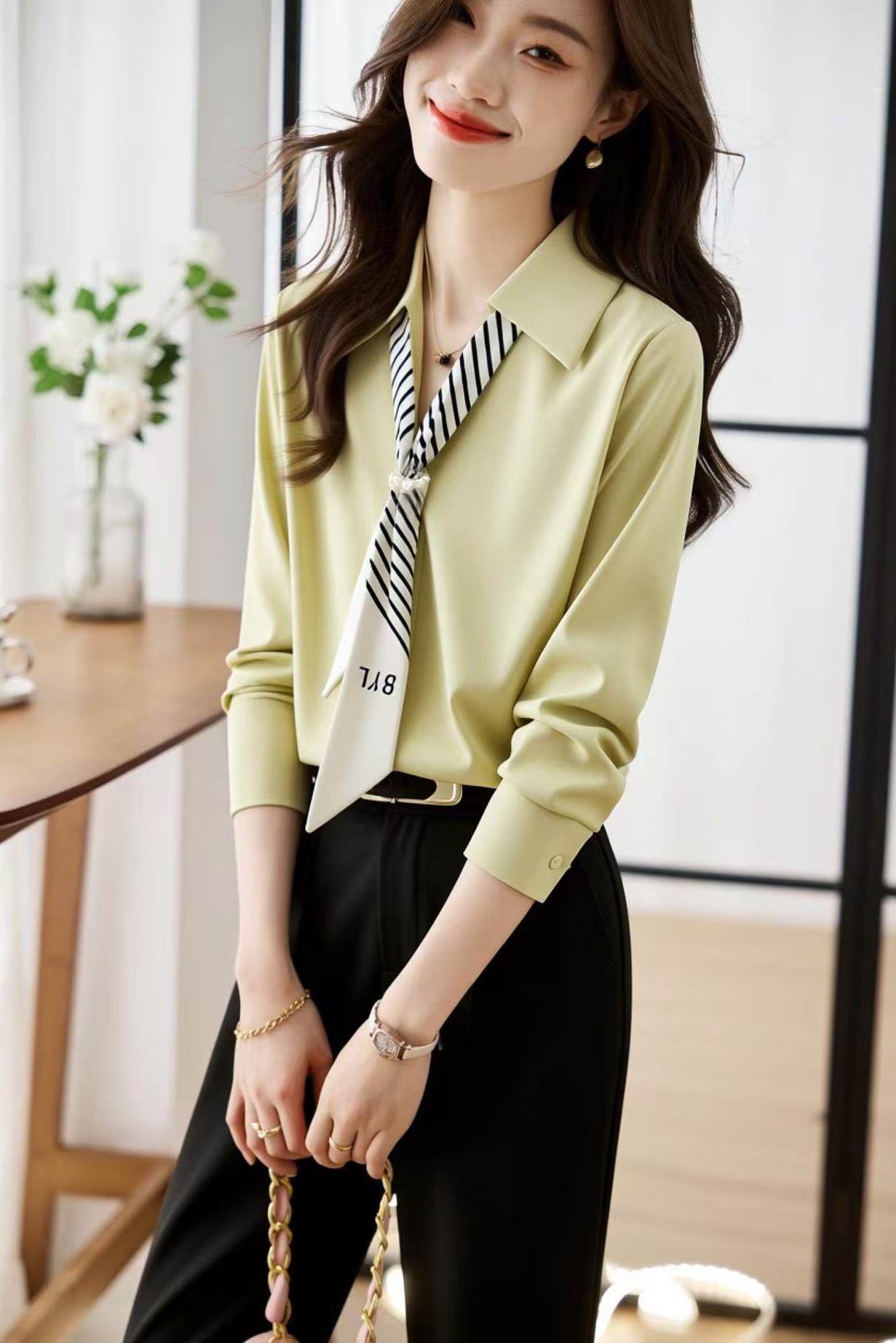 法式飄帶長袖襯衫廳里廳氣衣服女2026春季新款緞面職業通勤上衣