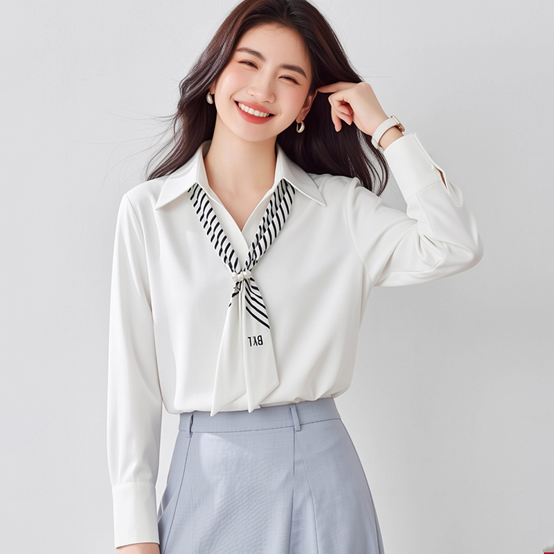 MY17675# 新款气质翻领丝巾装饰可拆卸长袖雪纺白衬衫女春薄款上衣女裝...
