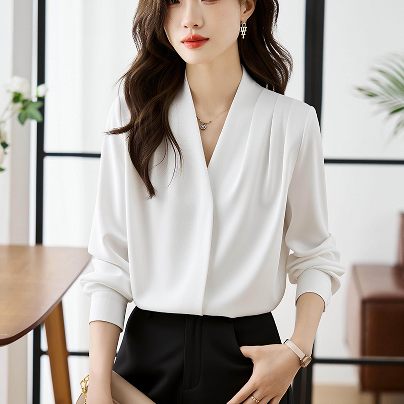 2026春秋新款V領襯衫女高級感緞面襯衣職業正裝上衣通勤女裝