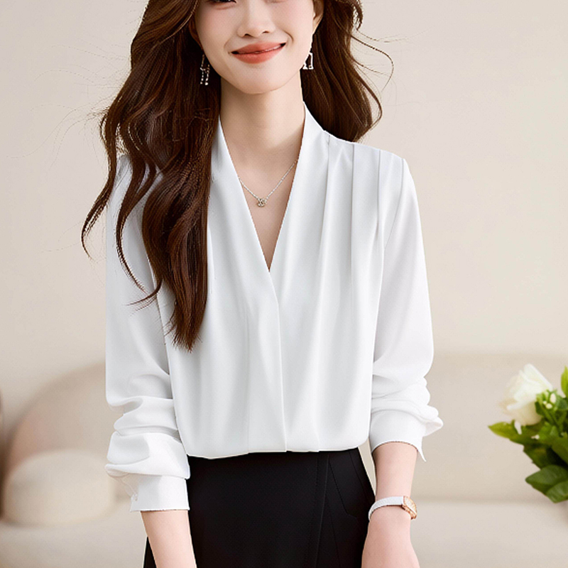 2026春秋新款V領襯衫女高級感緞面襯衣職業正裝上衣通勤女裝