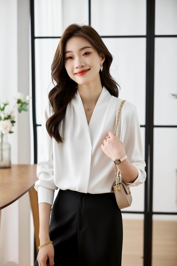 2026春秋新款V領襯衫女高級感緞面襯衣職業正裝上衣通勤女裝