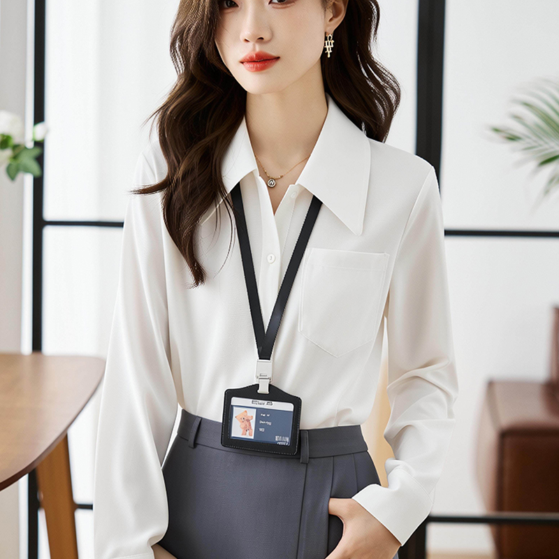 實拍 2026春白色小尖領緞面垂感襯衫女 職業通勤長袖氣質面試襯衣