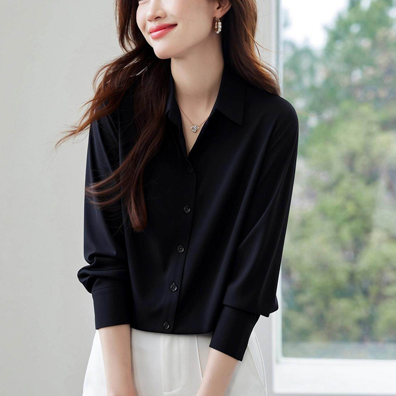 2026新款高級感黑色緞面襯衫女秋職業襯衣設計感小眾別致上衣