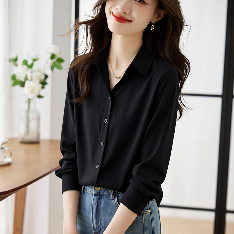 2026新款高級感黑色緞面襯衫女秋職業襯衣設計感小眾別致上衣