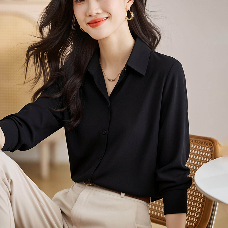 2026新款高級感黑色緞面襯衫女秋職業襯衣設計感小眾別致上衣