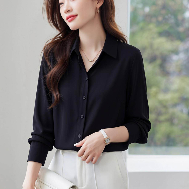 2026新款高級感黑色緞面襯衫女秋職業襯衣設計感小眾別致上衣